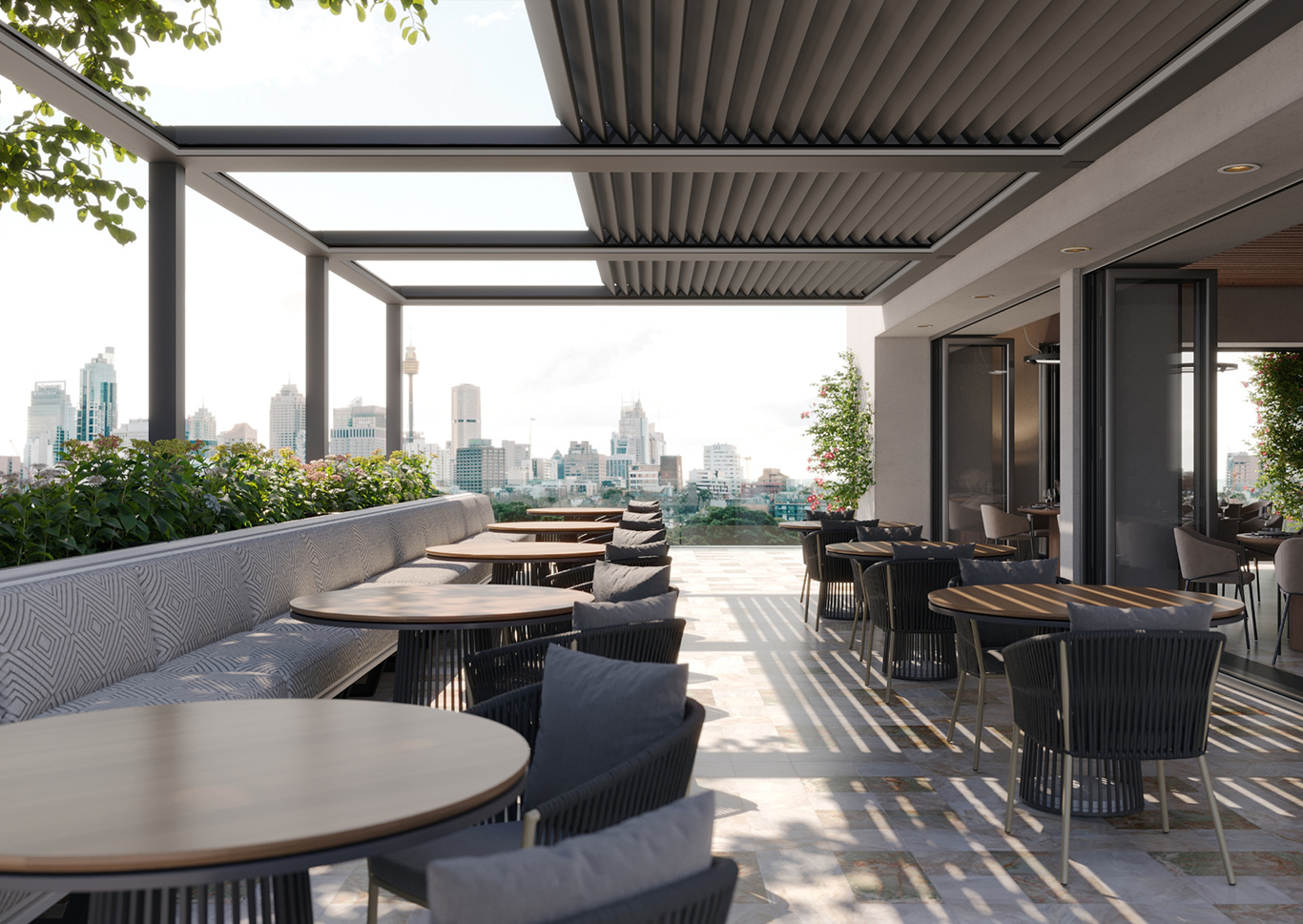 Rooftop bioclimatic pergola with city views